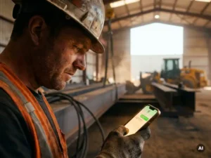Bouwvakker met gele helm leest WhatsApp-bericht op smartphone tijdens werkpauze, staalconstructie op achtergrond.
