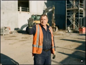 Bouwvakker in oranje veiligheidsvest steekt hand op als stopteken op actieve bouwplaats, gereedschap zichtbaar op achtergrond.