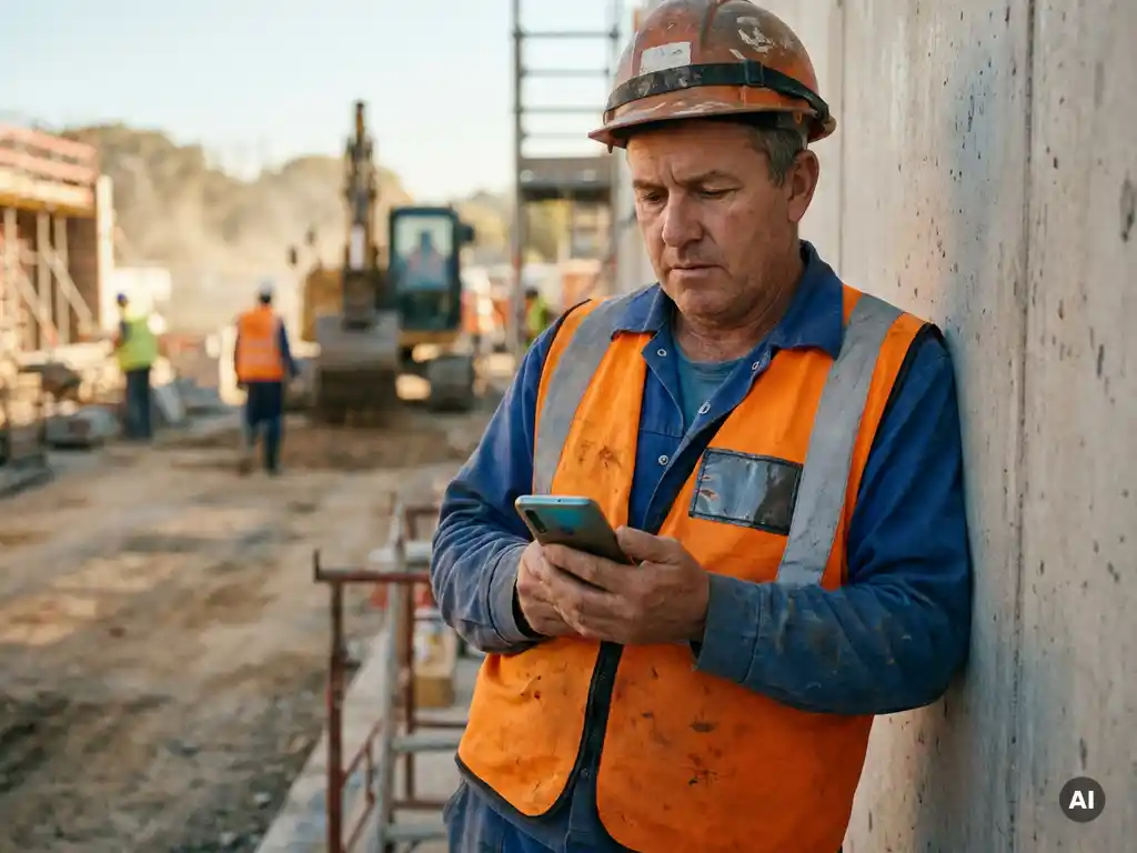 Bouwvakker in veiligheidsvest leest toolboxmeeting bericht op smartphone bij betonnen muur op bouwplaats.