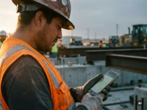 Bouwvakker met helm en veiligheidsvest leest WhatsApp-bericht op smartphone op industriële bouwplaats.