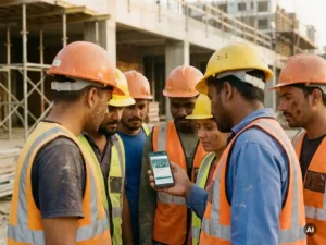 Groep bouwvakkers in oranje en gele veiligheidsvesten bekijkt samen een trainingsmodule op smartphone op actieve bouwplaats.