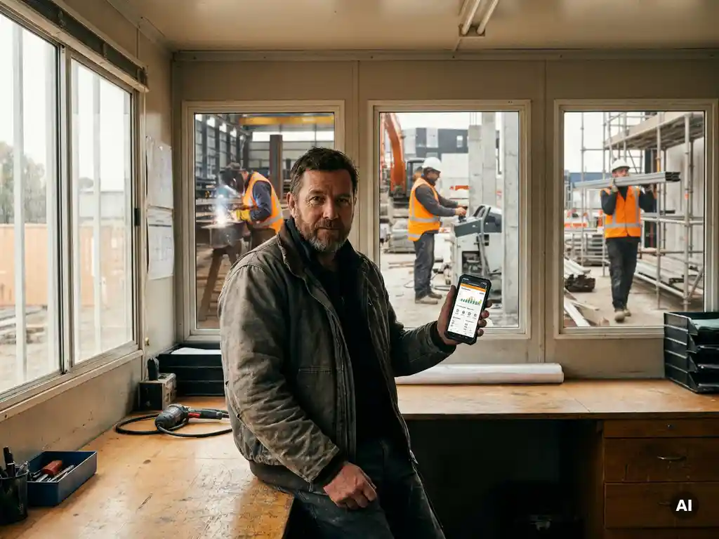 Site foreman reviewing a digital dashboard on a rugged smartphone with construction workers in high-vis vests at an industrial worksite.