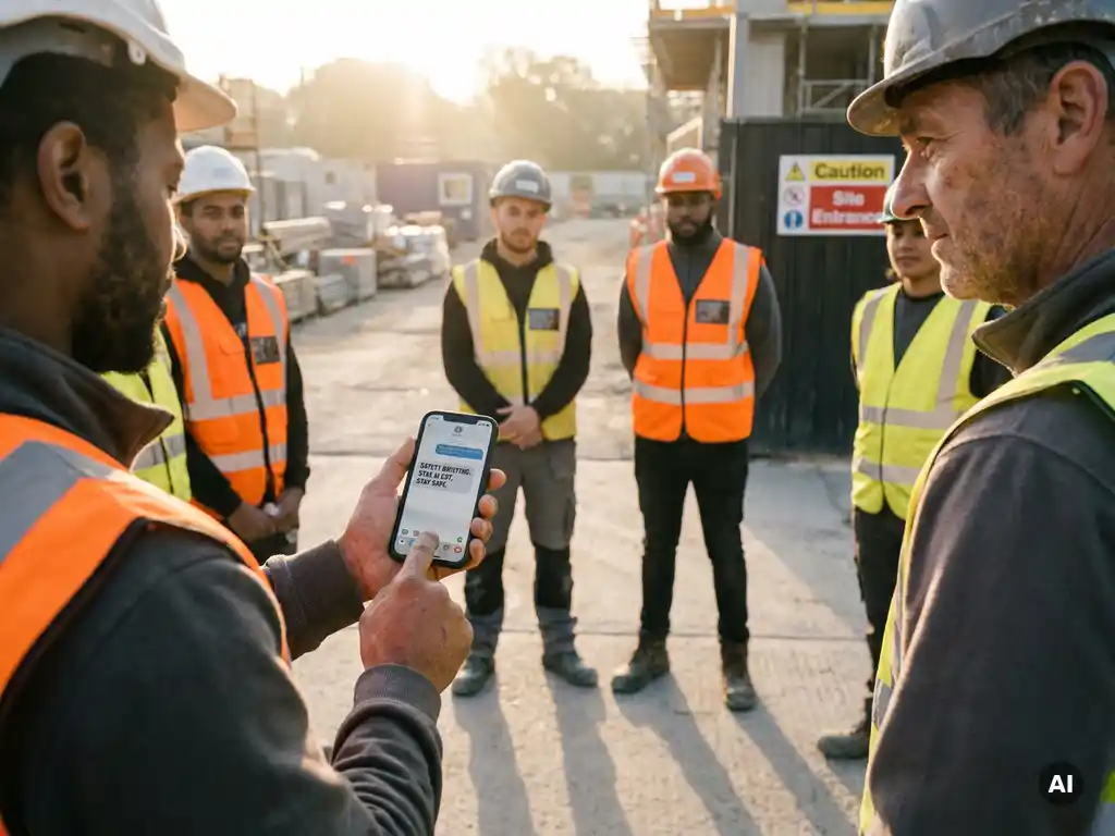 Construction site foreman showing WhatsApp safety briefing on smartphone to hard-hatted workers in high-visibility vests at job site entrance.