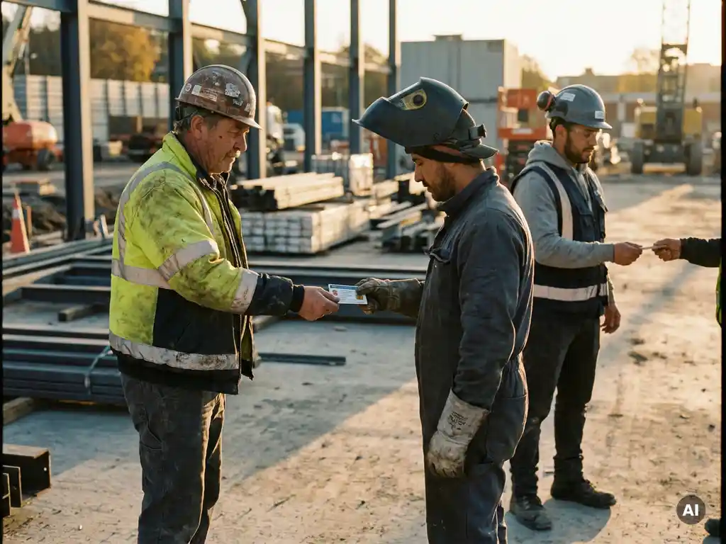 Site foreman handing laminated safety cards to a welder and logistics worker on a construction site at golden hour.