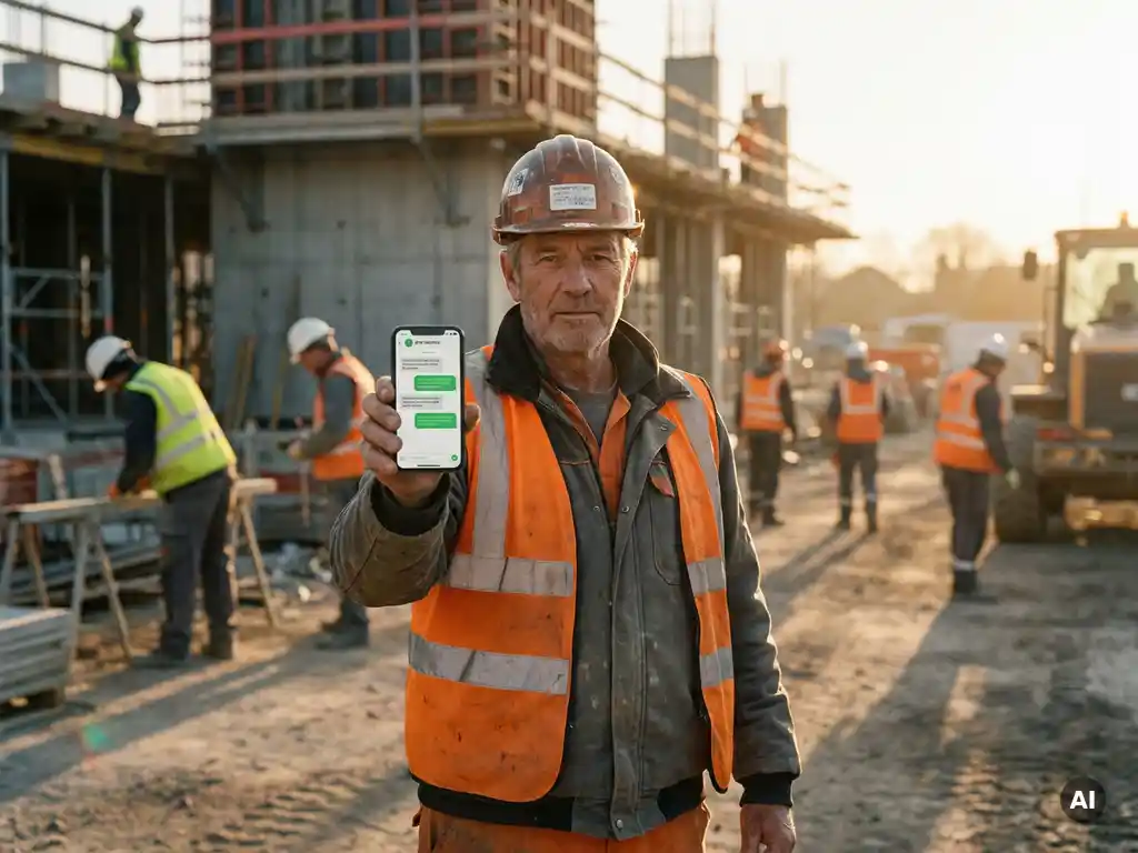 Construction site foreman checking a chat app on a smartphone at golden hour, workers in high-visibility vests and concrete structures behind him.