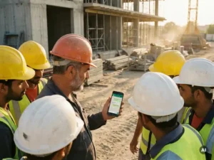 Weathered construction foreman showing a WhatsApp chat on his smartphone to subcontractors in hard hats on an active job site.