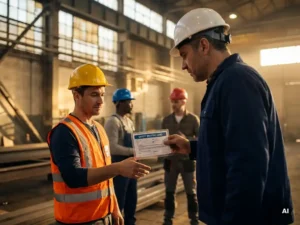 Construction site supervisor handing a targeted safety briefing card to a worker, crew wearing color-coded hard hats in a sunlit industrial warehouse.