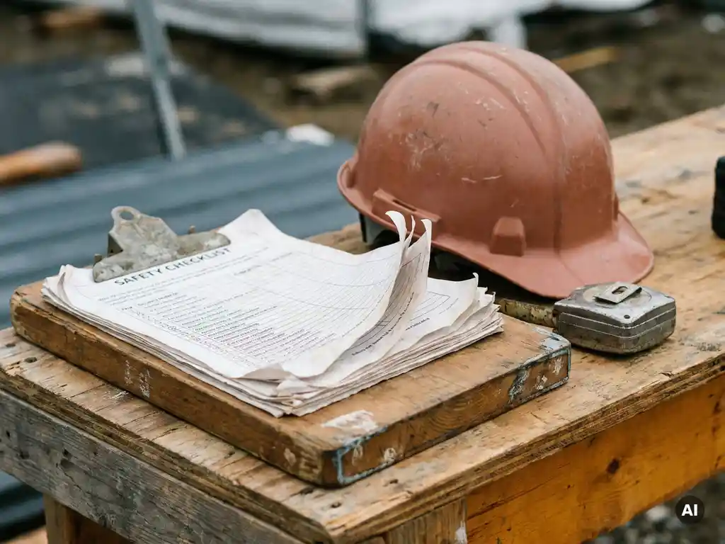 Site manager's clipboard with fanned safety checklists on a construction table, hard hat and measuring tape beside it in warm overcast light.