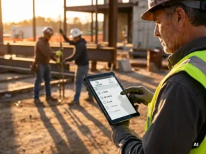 Construction site supervisor reviewing digital clipboard checklist at golden hour, hard-hatted workers visible on active job site in background.