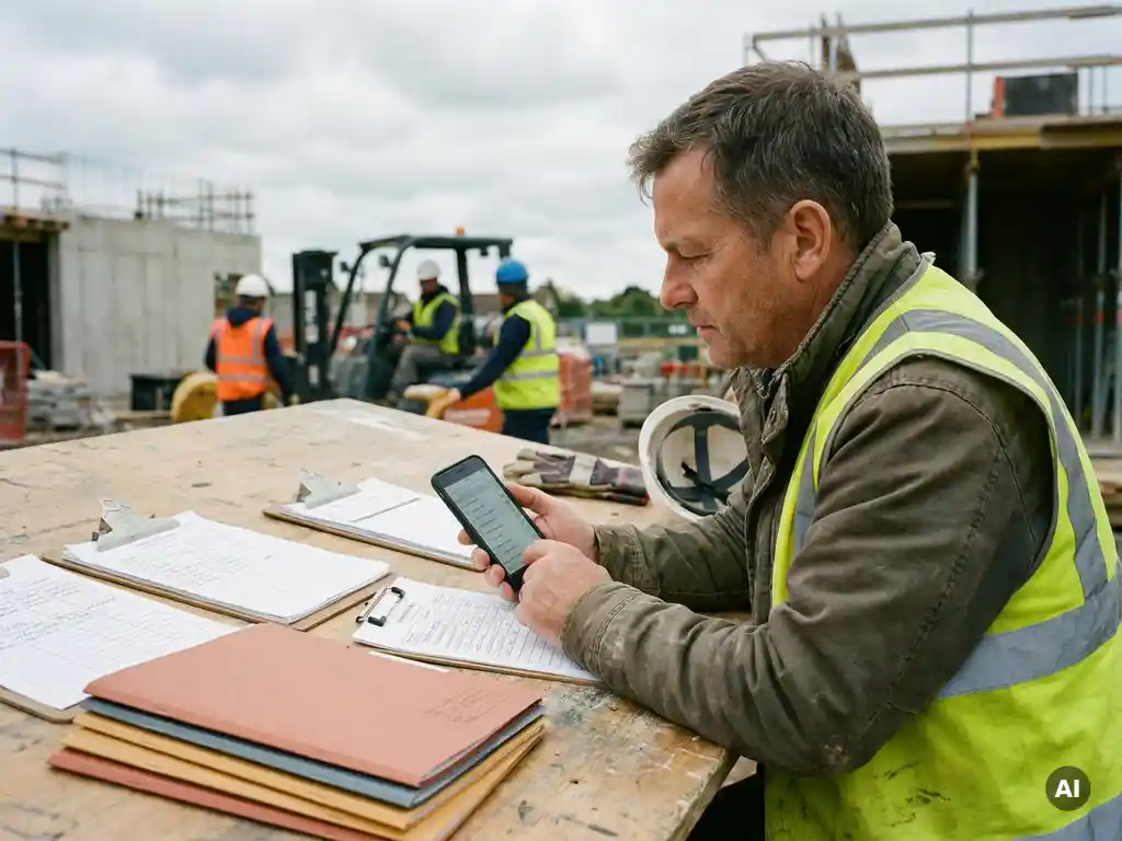Construction site supervisor reviewing safety checklists on a smartphone beside color-coded project folders, hard hat and hi-vis vest on a job site table.
