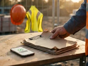 Construction worker's calloused hand placing a paper sign-in clipboard next to a smartphone showing digital attendance confirmation on a job site.