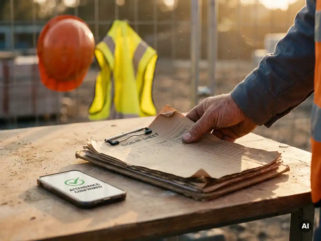 Construction worker's calloused hand placing a paper sign-in clipboard next to a smartphone showing digital attendance confirmation on a job site.