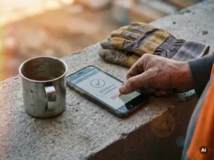 Construction worker's calloused hand confirming digital attendance on a smartphone, safety gloves and coffee cup on concrete nearby.