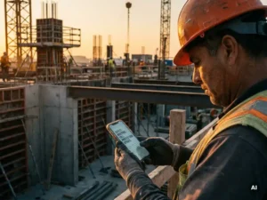 Construction worker in a hard hat reading a safety briefing on a smartphone at a job site with scaffolding in the background.