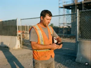 Construction worker in high-visibility vest reading safety instructions on smartphone at job site entrance, hard hat tucked under arm.
