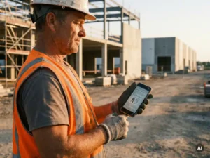 Construction worker in high-visibility vest reading safety instructions on a smartphone at an active job site during golden hour.