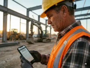 Construction worker in a hard hat reading a toolbox talk safety message on a smartphone at an active job site during morning light.