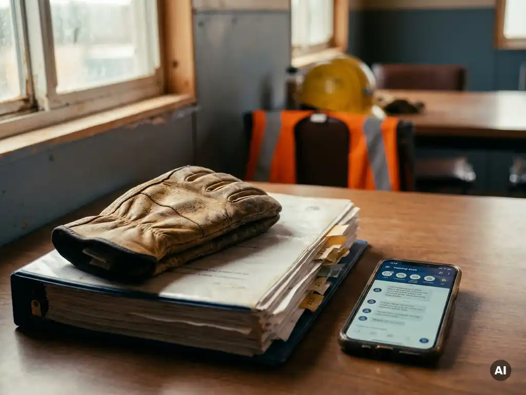 Gloved hand resting on a safety binder beside a smartphone with a training chat app, hard hat and hi-vis vest in background on job site break room table.