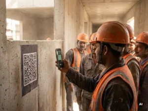 Construction worker in a hard hat scanning a QR code on a job site wall with a smartphone, colleagues gathered nearby.