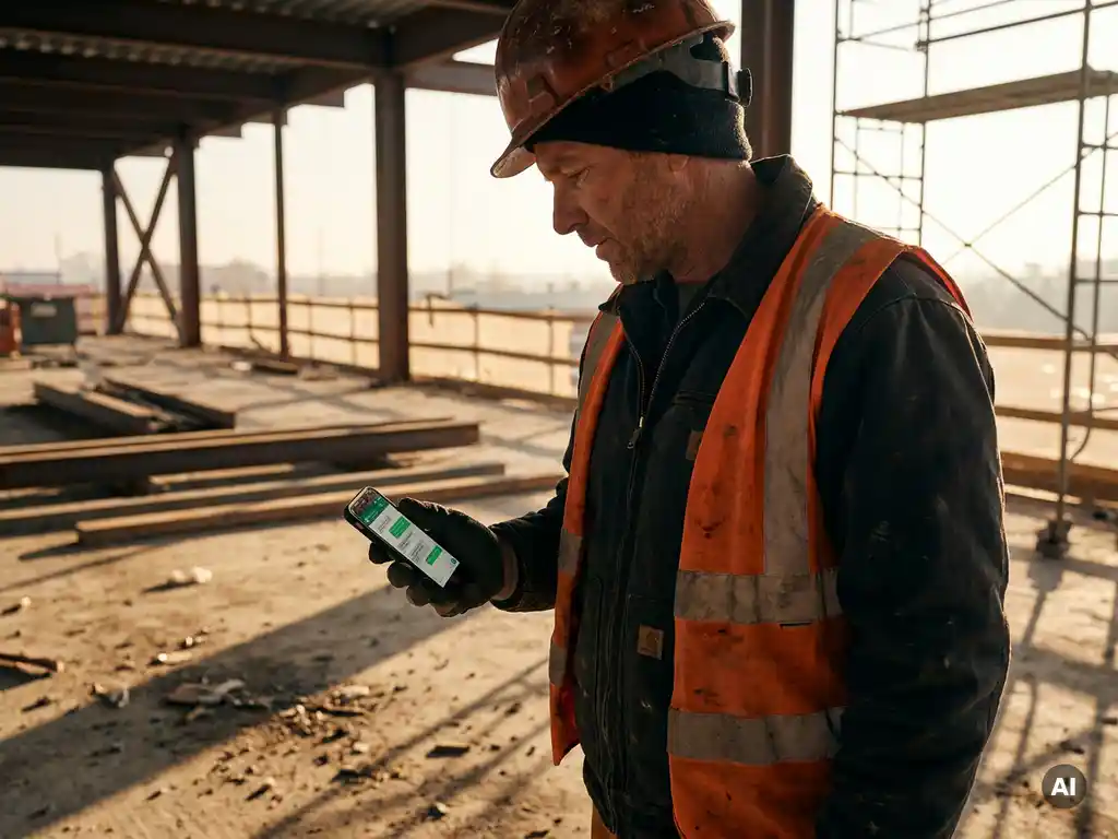 Construction worker in orange hard hat checking smartphone on dusty job site, scaffolding and steel beams in warm morning light behind him.