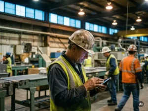 Construction worker in a hard hat checking a smartphone on an active factory floor, with machinery and colleagues visible in the background.