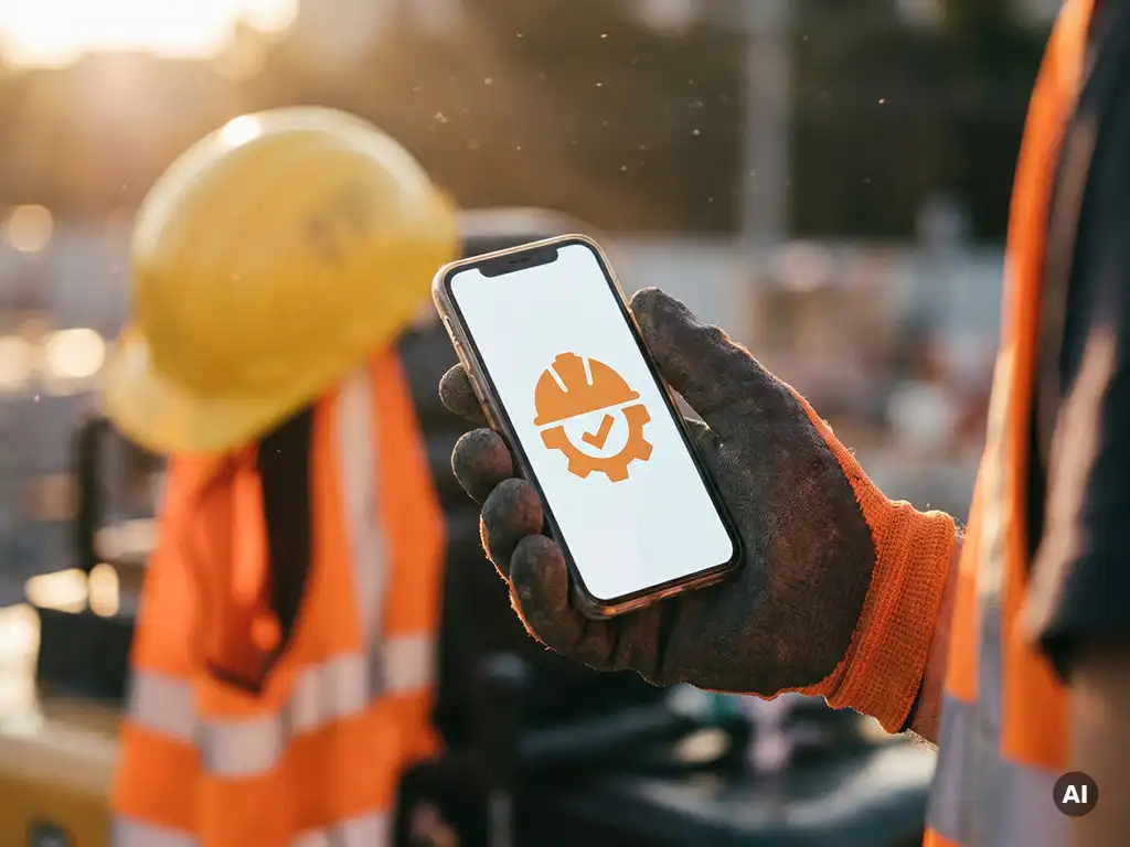 Construction worker in gloves holding smartphone with safety instructions on an active job site at golden hour.