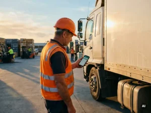 Construction worker in high-visibility vest reviewing safety instructions on smartphone beside a delivery truck in a logistics yard.