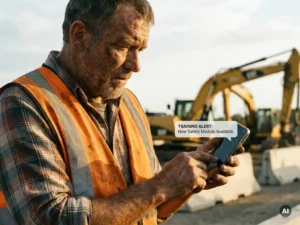 Construction worker in high-visibility vest checking a training notification on a smartphone at a job site during midday.