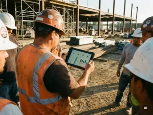 Construction worker in high-visibility vest reviewing attendance dashboard on tablet at active job site with scaffolding and colleagues in background.