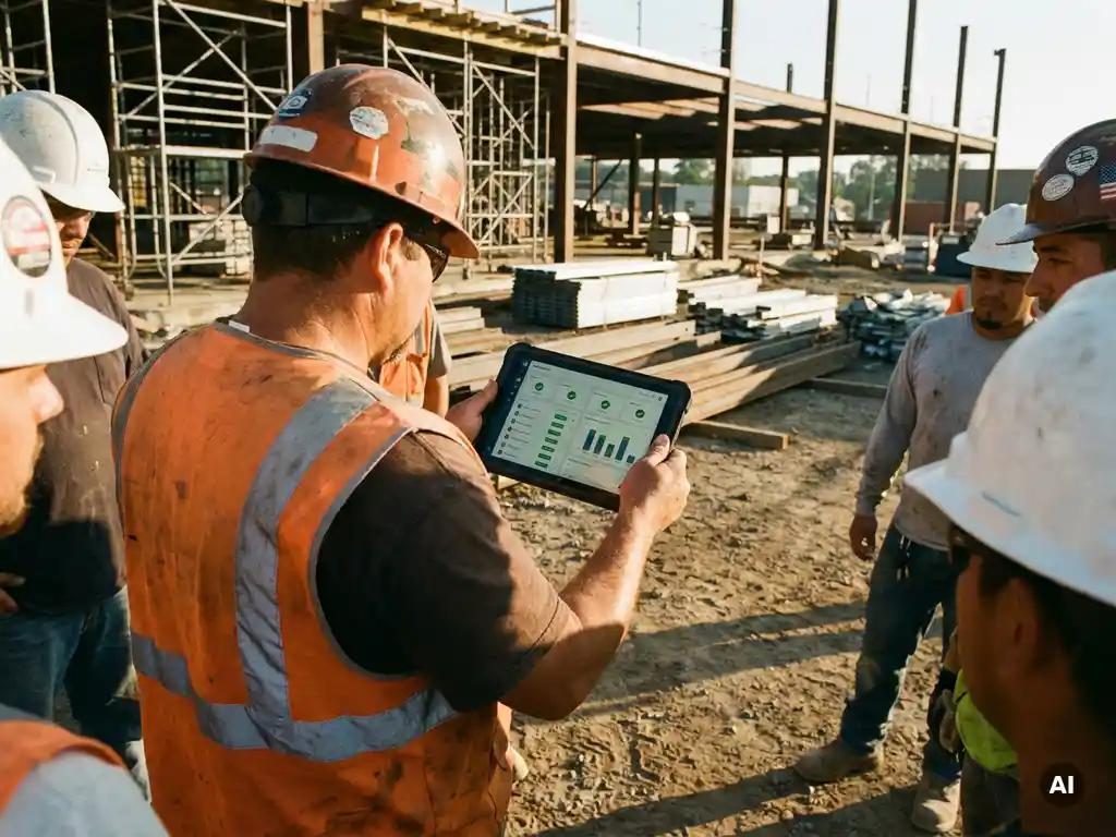 Construction worker in high-visibility vest reviewing attendance dashboard on tablet at active job site with scaffolding and colleagues in background.