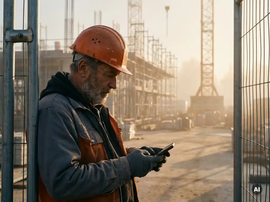 Weathered contractor in a hard hat reading safety instructions on a smartphone at a misty construction site entrance at sunrise.