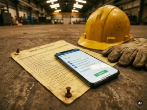 Worn paper inspection checklist beside a smartphone showing a digital form, hard hat and gloves on a concrete factory floor.