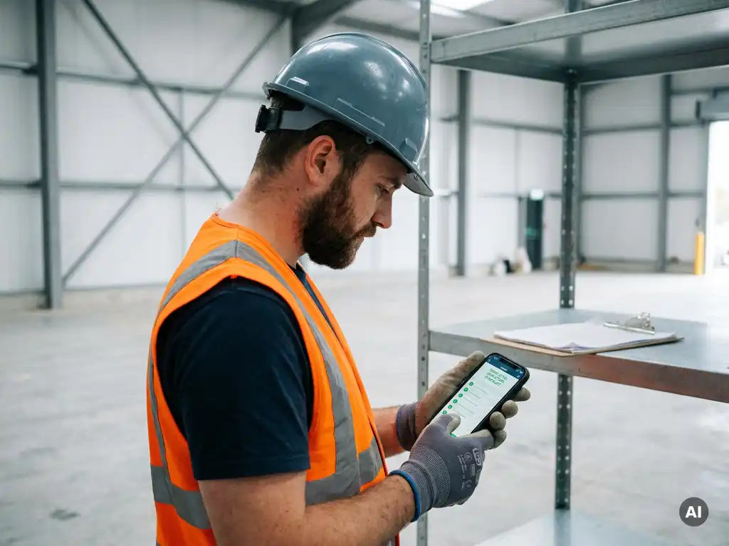 Worker in hard hat reviewing digital inspection checklist on smartphone inside a clean industrial facility, paper clipboard set aside.