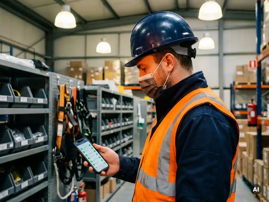 Veiligheidsmedewerker met helm controleert digitale inspectielijst op smartphone in georganiseerde industriële faciliteit.