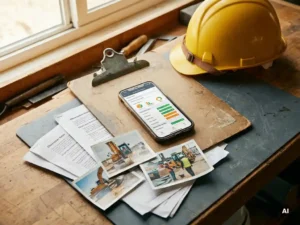 Smartphone met digitaal inspectierapport op klembord naast veiligheidshelm en uitgeprinte observatienotities op industriële werkbank.