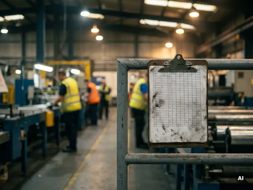 Klembord met gestructureerde checklist tegen fabriekshek, met veiligheidsmedewerkers en productielijn op de achtergrond.