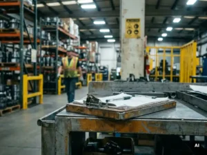 Clipboard and pen on a factory workstation with a supervisor walking in the background among industrial shelving and safety signage.