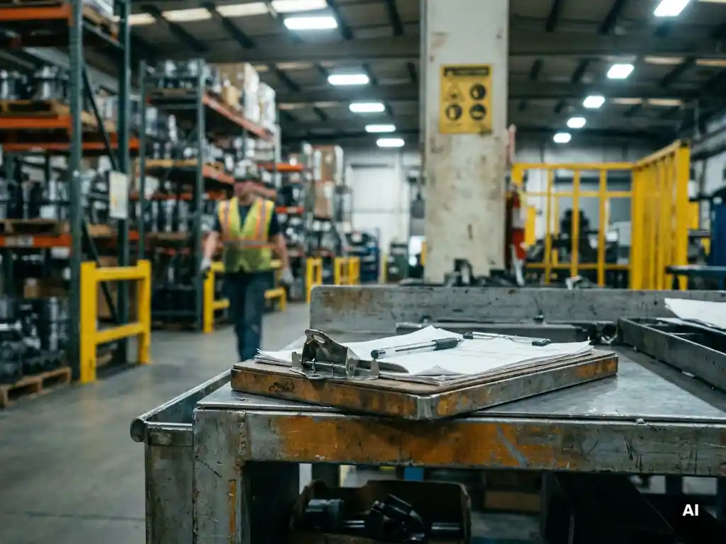 Clipboard and pen on a factory workstation with a supervisor walking in the background among industrial shelving and safety signage.