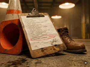 Weathered clipboard with handwritten inspection checklist on a factory floor beside an orange safety cone and steel-toed boot.