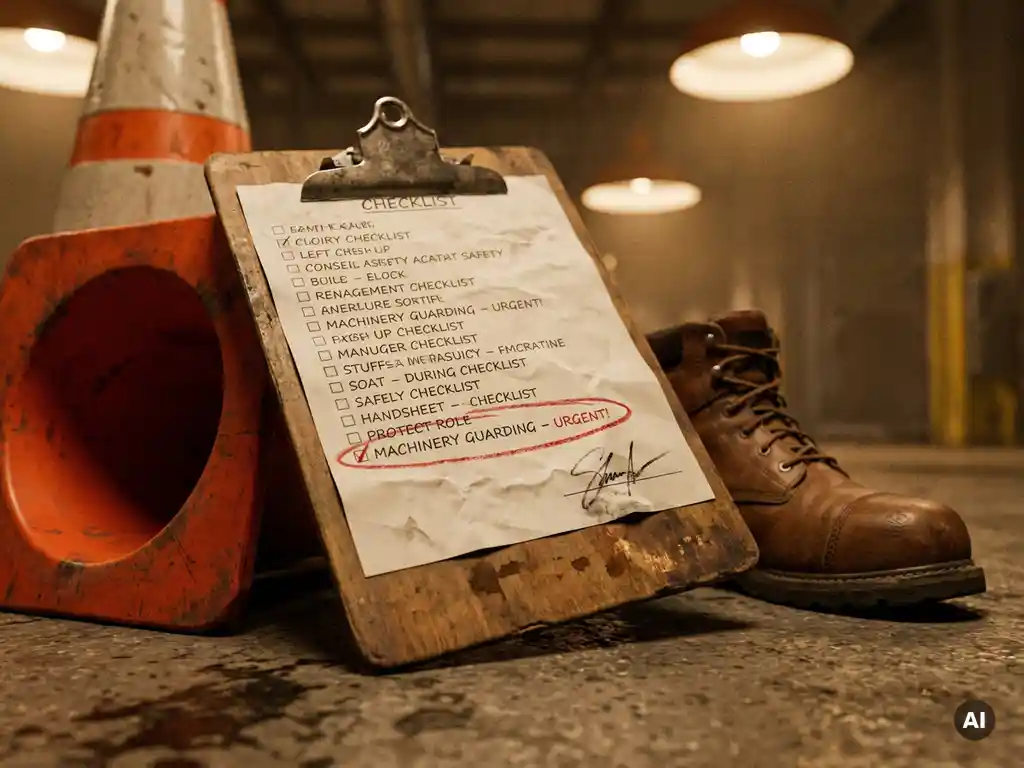 Weathered clipboard with handwritten inspection checklist on a factory floor beside an orange safety cone and steel-toed boot.