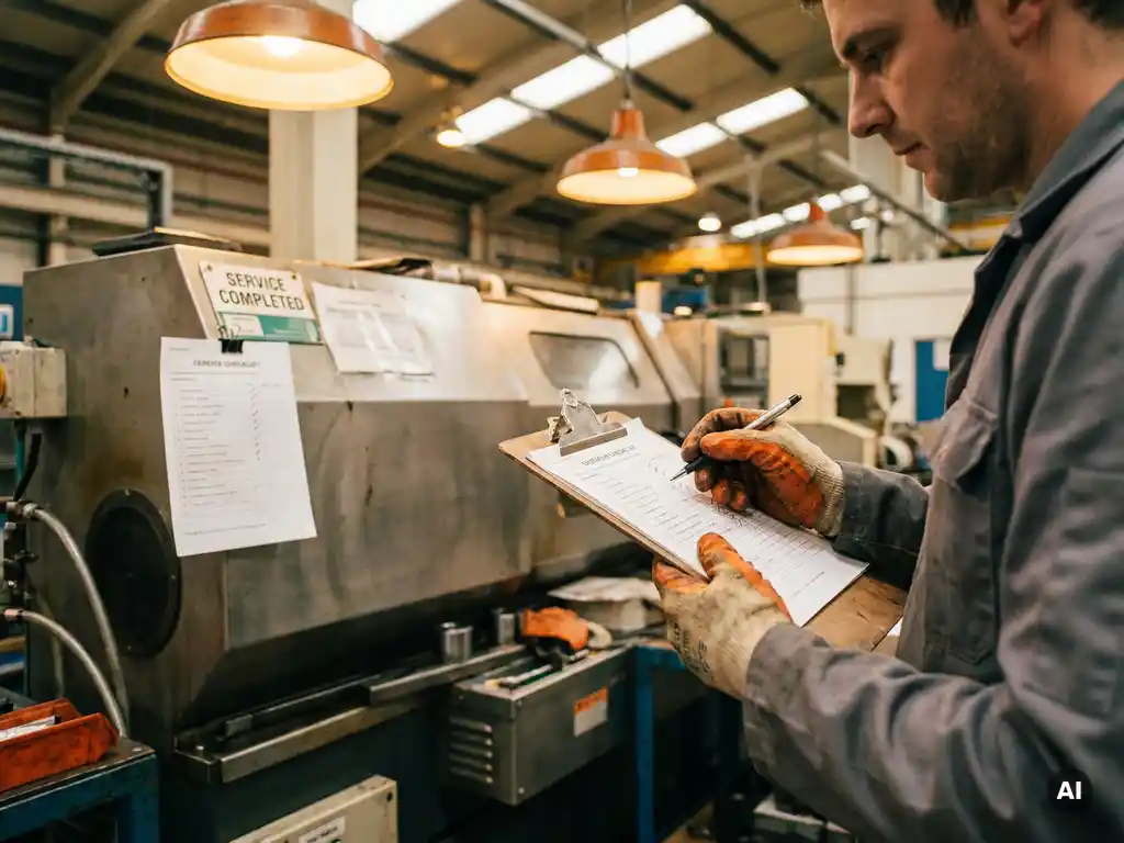 Gloved technician marking items on a clipboard during industrial equipment maintenance, completed checklist visible on serviced machine in background.