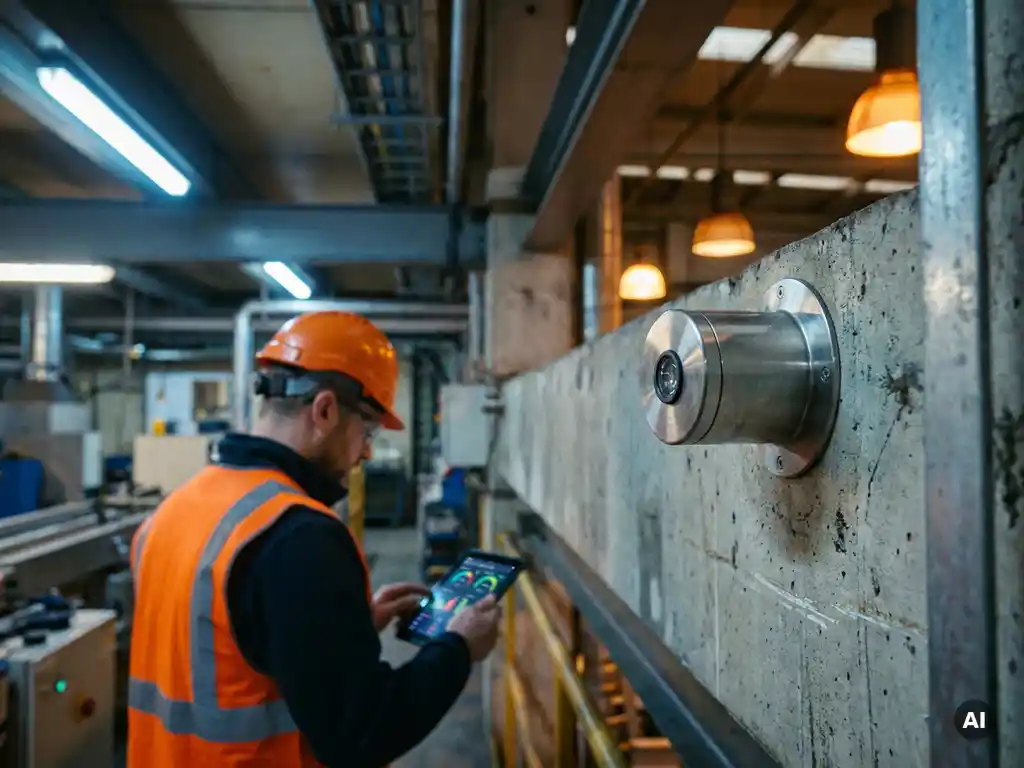 Environmental sensor mounted on a factory wall as a worker in a safety vest reviews real-time floor data on a tablet.
