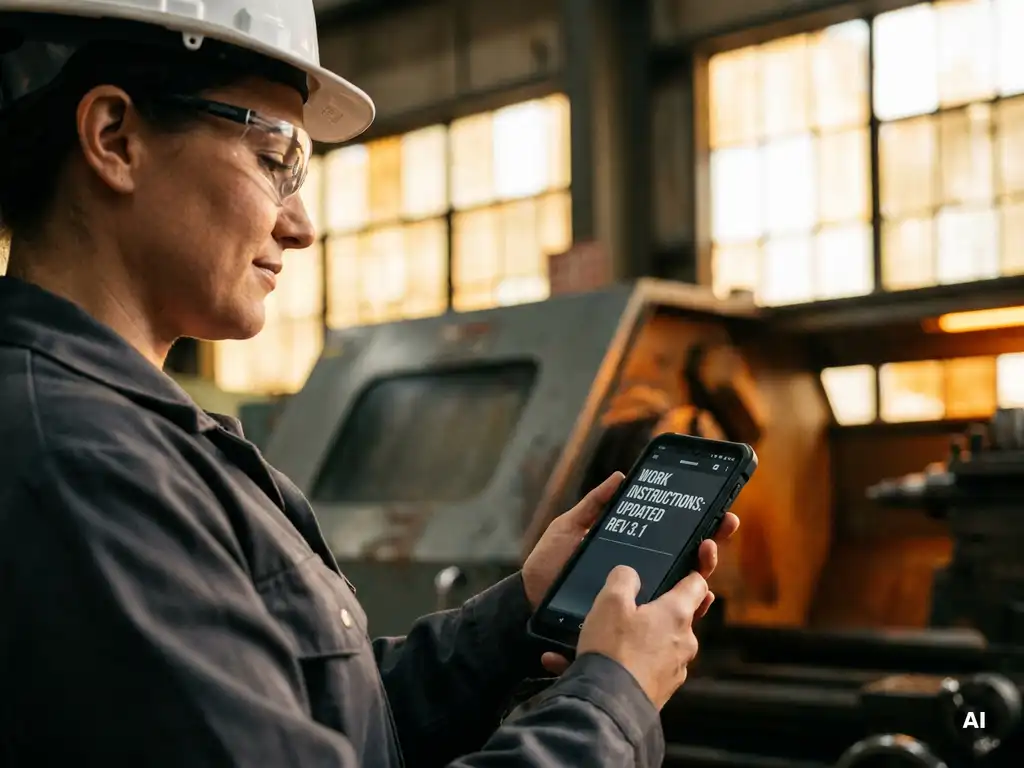 Factory floor worker in a hard hat reads work instructions on a smartphone beside industrial machinery in warm amber warehouse light.