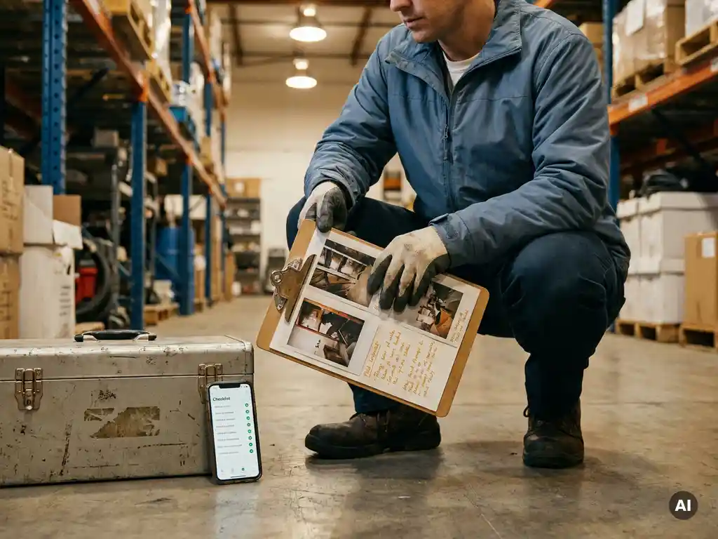 Field inspector crouching on warehouse floor reviewing clipboard notes beside a smartphone displaying a completed digital checklist.