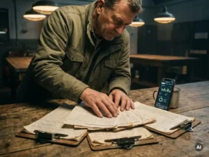Field supervisor comparing printed inspection checklists on clipboards at a worn wooden table, smartphone dashboard visible nearby.