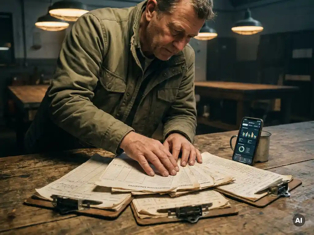 Field supervisor comparing printed inspection checklists on clipboards at a worn wooden table, smartphone dashboard visible nearby.