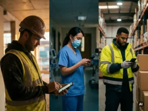 Bouwvakker, verpleegkundige en magazijnmedewerker bekijken elk hun smartphone op de werkvloer, warme amber- en tealtinten.