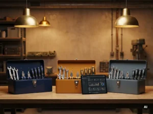 Drie geopende gereedschapskisten op een werkbank met een tablet waarop een dashboard zichtbaar is, verlicht door warm gouden licht.