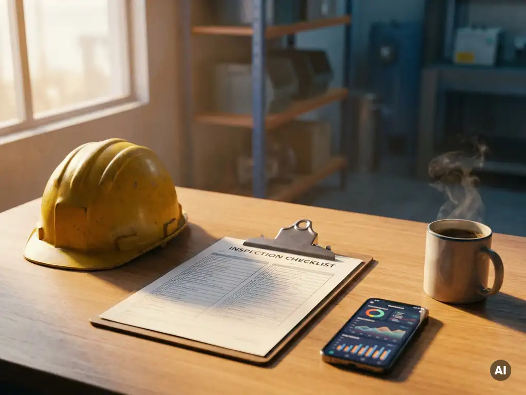Klembord met inspectielijst op industrieel bureau, omringd door helm, smartphone met dashboard en dampende koffiemok.