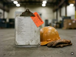 Versleten metalen klembord met inspectielijst op betonnen fabrieksloer, oranje prioriteitslabel, veiligheidshelm en werkhandschoenen ernaast.